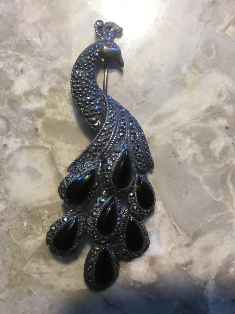Sterling 925 ONYX Peacock Brooch (latch hook missing)